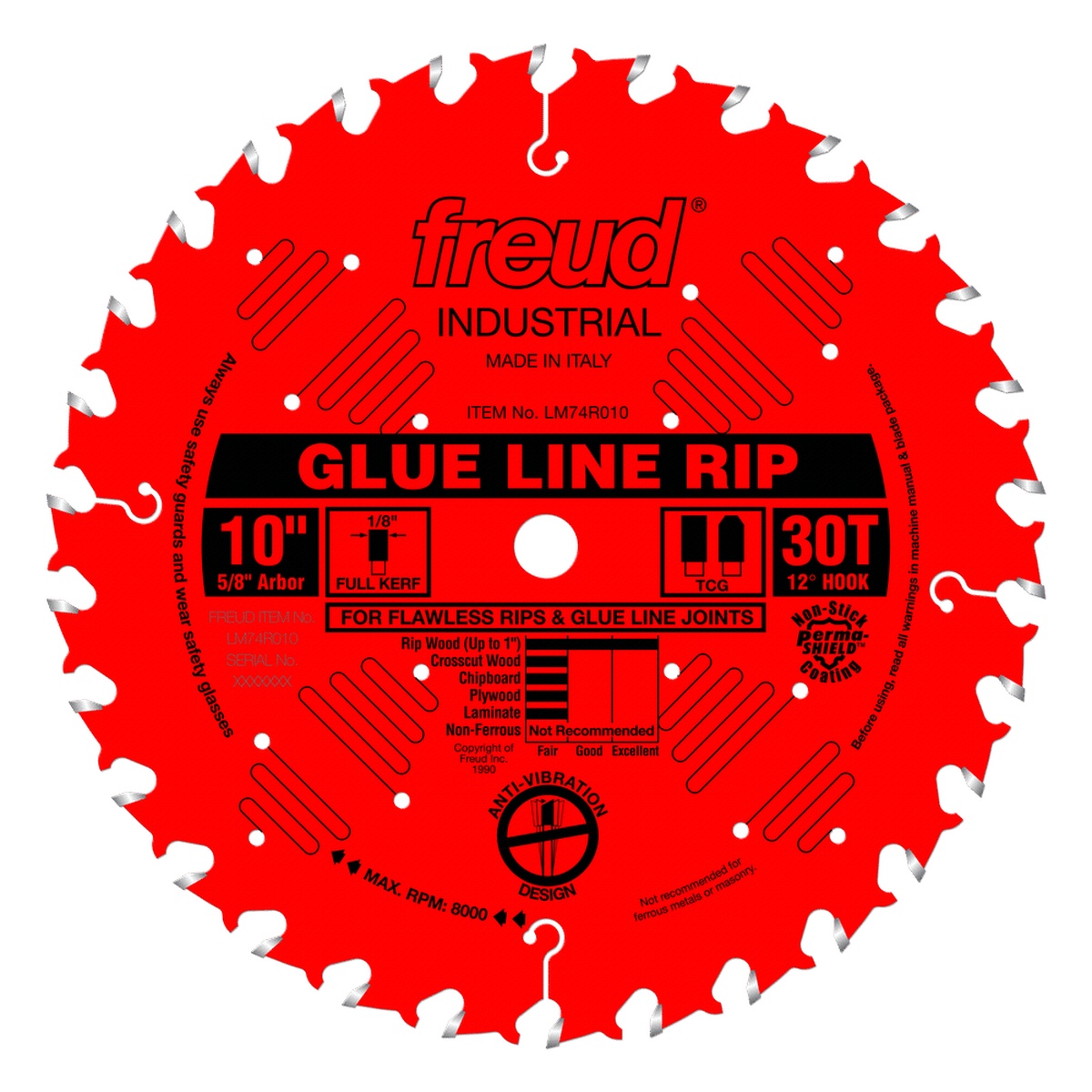 Freud LM74R010 10 in. Industrial Glue Line Ripping Blade showing 30 tooth carbide design for table saw ripping in woodworking