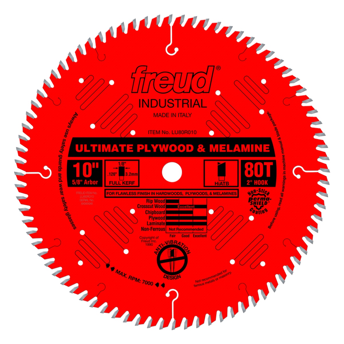 Freud LU80R010 10 in. Ultimate Plywood & Melamine Blade full product view showing anti-vibration slots and finish-cutting blade body for cabinet shop use