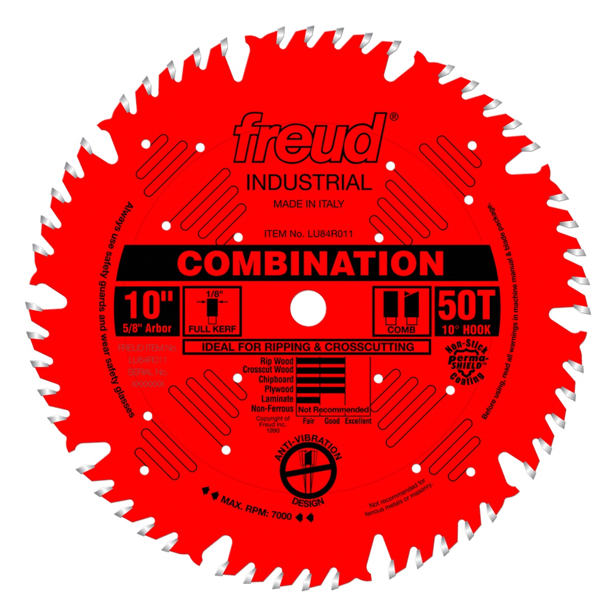 Freud LU84R011 10 in. Combination Blade product view showing anti-vibration slots and 50 tooth woodworking blade design