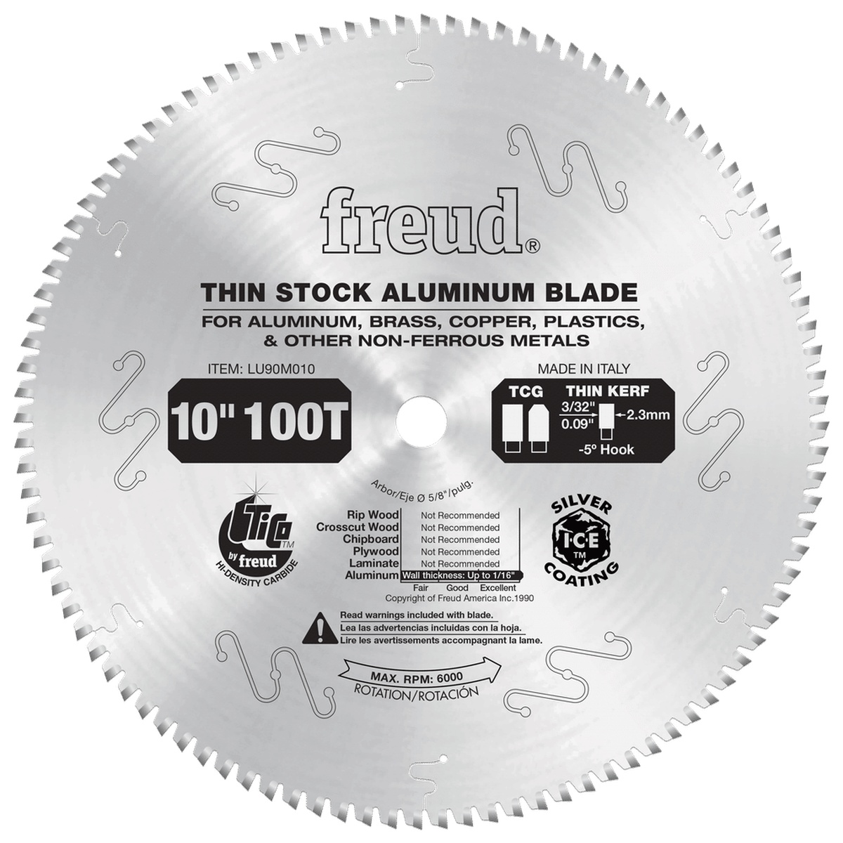 Freud LU90M010 10 in. Thin Stock Non-Ferrous Metal Blade product view showing 100 tooth triple chip grind blade for table saw metal cutting