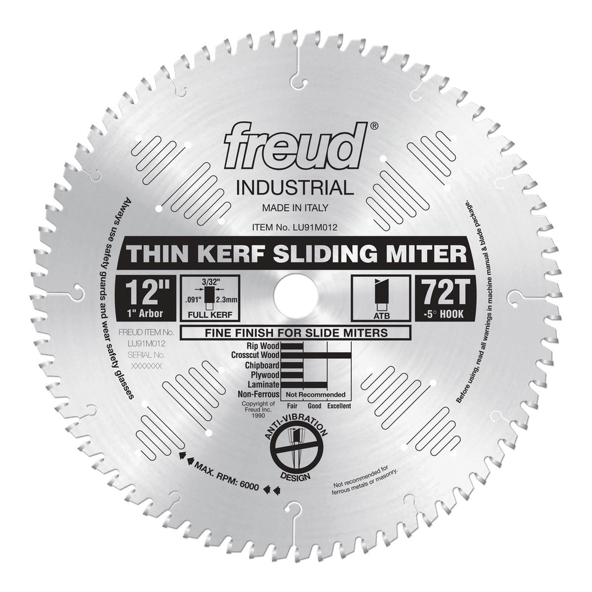 Freud LU91M012 thin kerf sliding compound miter saw blade product view showing 12 inch blade with 72 teeth for fine finish crosscutting in trim and sheet goods