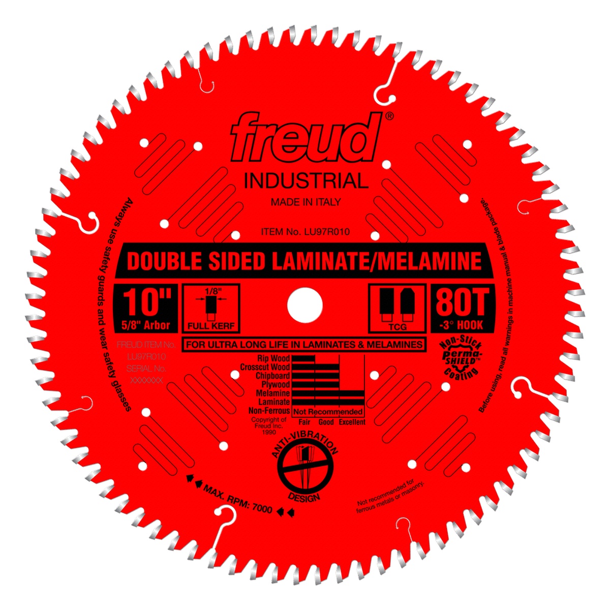 Freud LU97R010 10 in. Double Sided Laminate/Melamine Blade close view showing 80-tooth carbide cutting edge for laminate and melamine work
