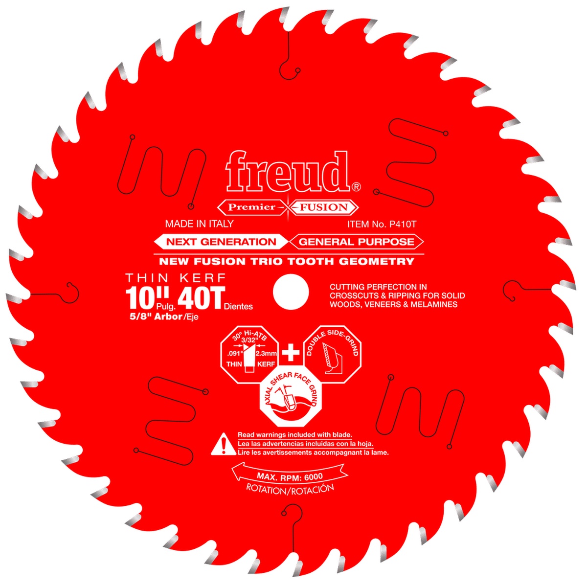Freud P410T 10 in. Thin Kerf Next Generation Premier Fusion General Purpose Saw Blade product view showing 40 teeth, 5/8 inch arbor, and anti-vibration slot layout