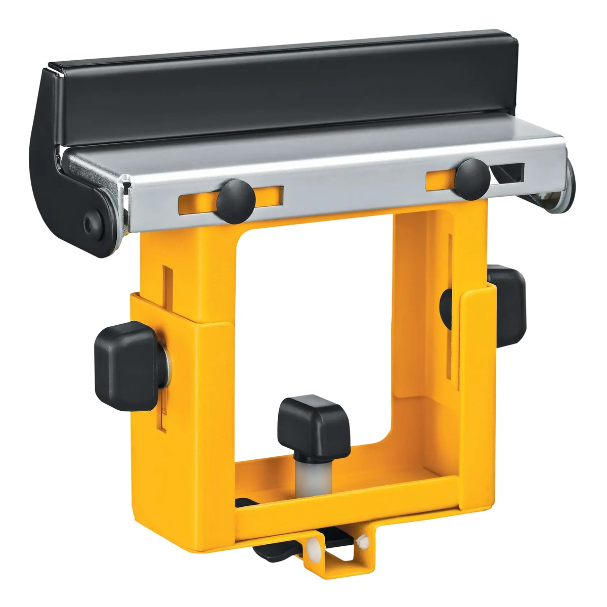 DEWALT DW7232 miter saw stand material support and stop accessory mounted for supporting long boards and setting repeat cuts on a miter saw workstation