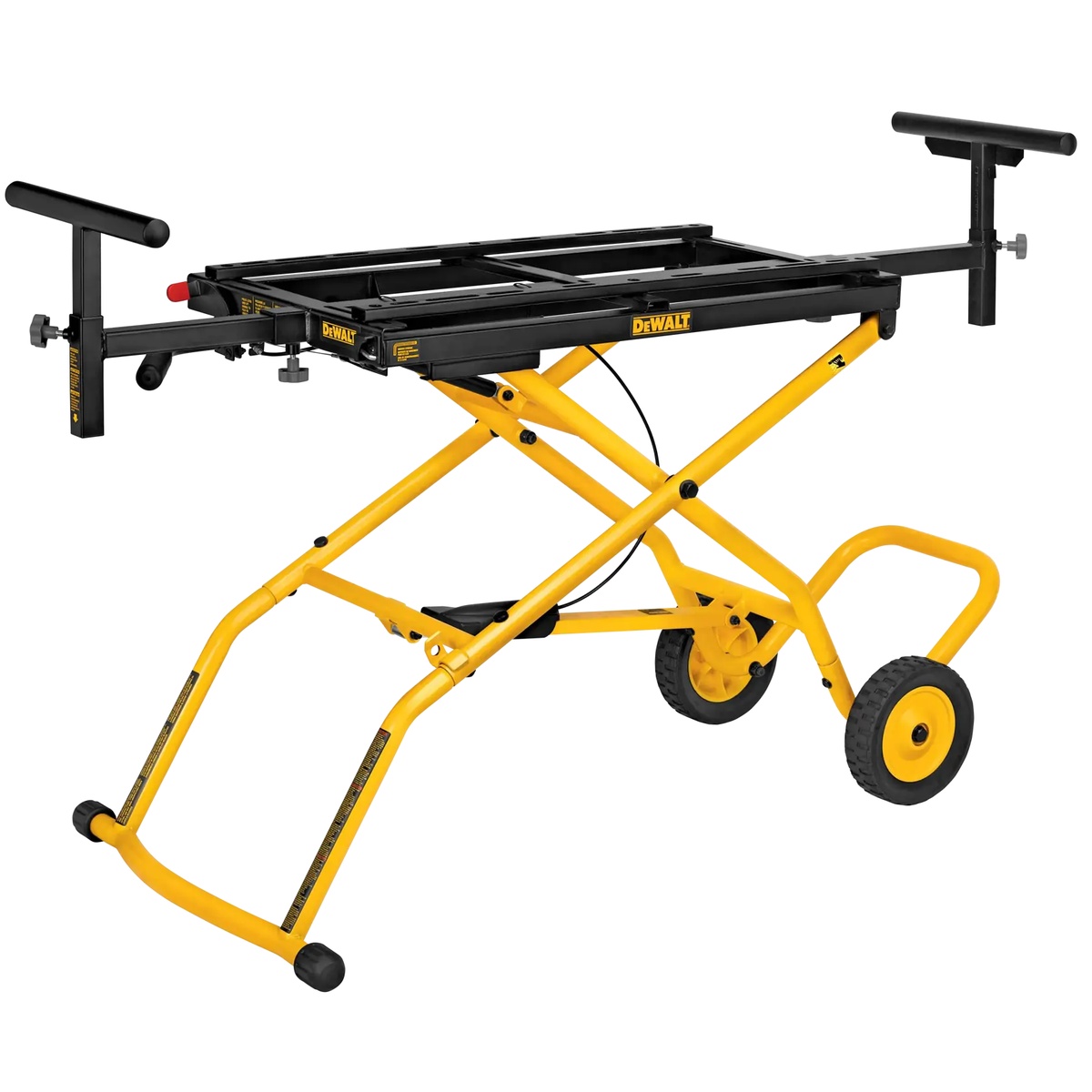 DEWALT DWX726 Rolling Miter Saw Stand in open position for portable cutting support on a jobsite or in a workshop