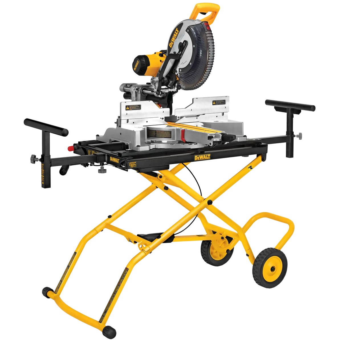 DEWALT DWX726 Rolling Miter Saw Stand supporting a mounted miter saw for cutting setup in a shop or jobsite workspace