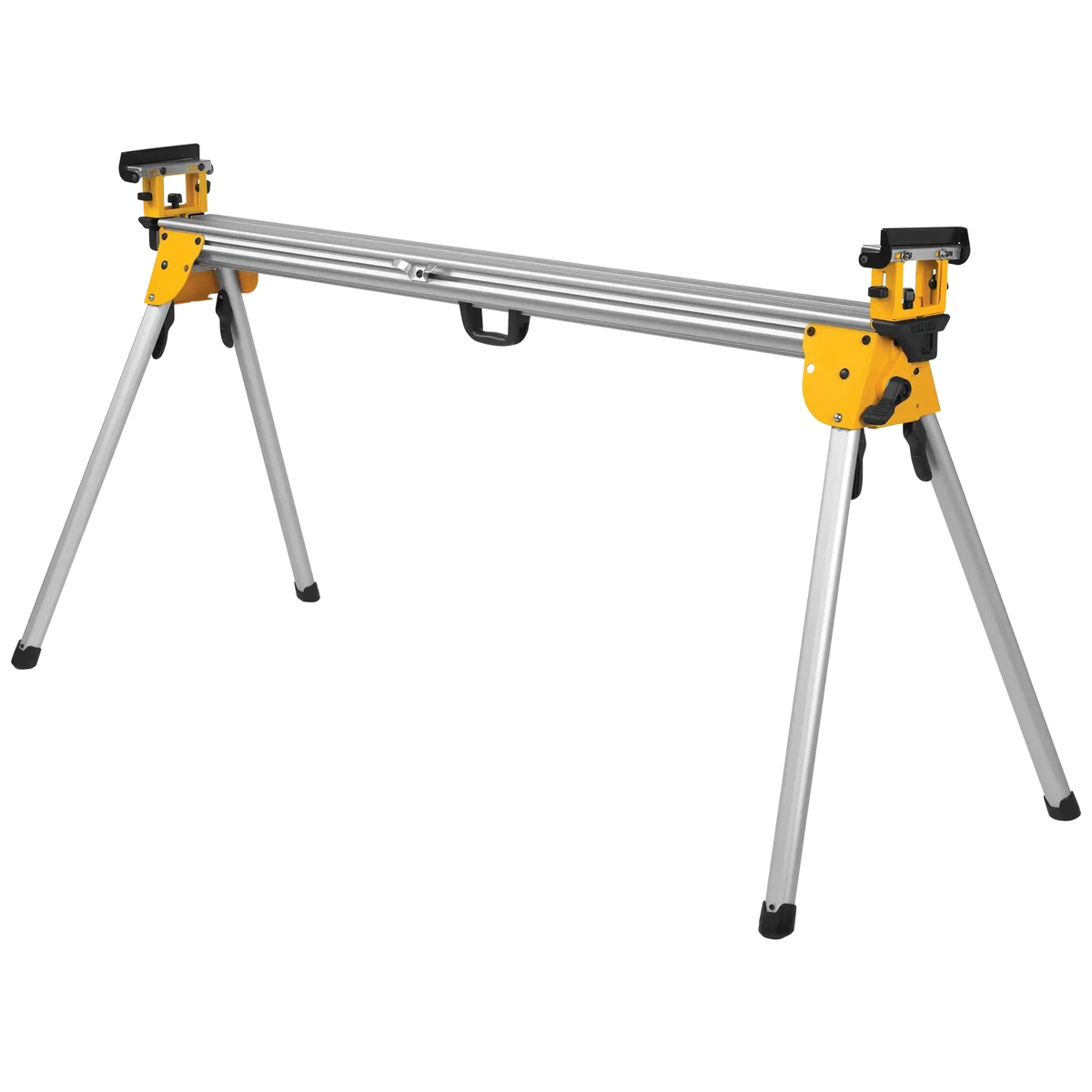 DEWALT DWX723 Heavy Duty Miter Saw Stand opened for miter saw support in a workshop or jobsite setup, showing the full aluminum frame and folding legs for long material cutting