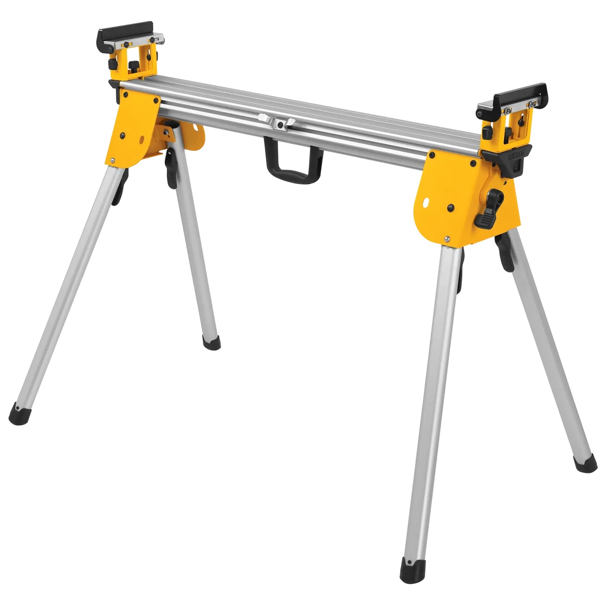 DEWALT DWX724 Compact Miter Saw Stand set up on a jobsite-style work area for portable miter saw support and material handling