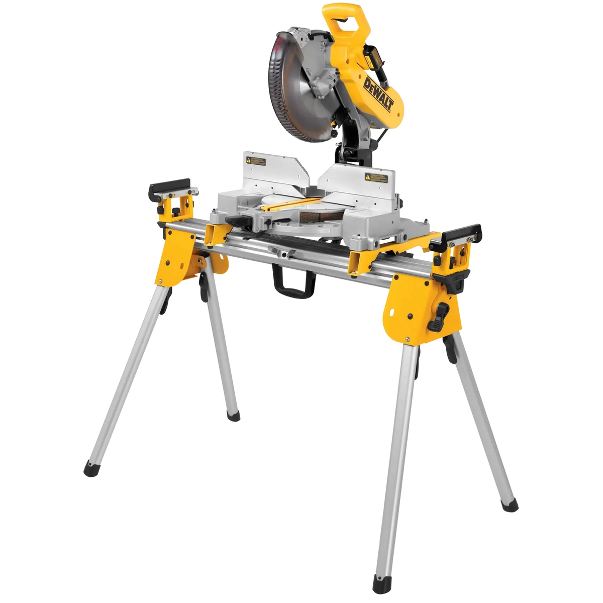 DEWALT DWX724 Compact Miter Saw Stand holding a miter saw for cutting trim and long boards in a workshop or jobsite setup