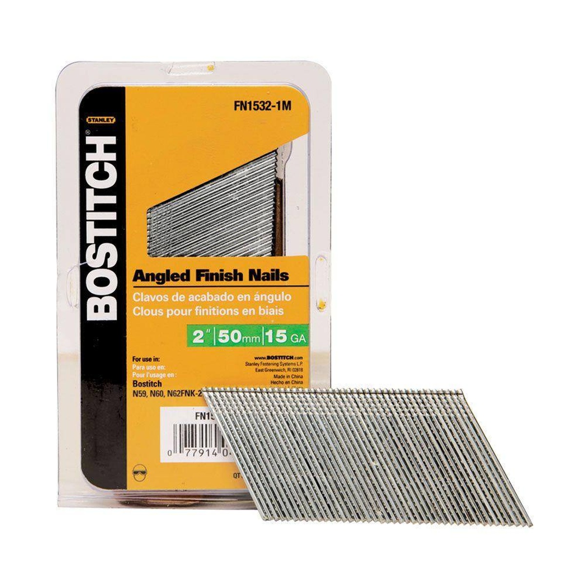 Bostitch FN1532-1M 2 in. x 15-Gauge Angled Finish Nails package and collated nail strip for indoor casing and baseboard installation