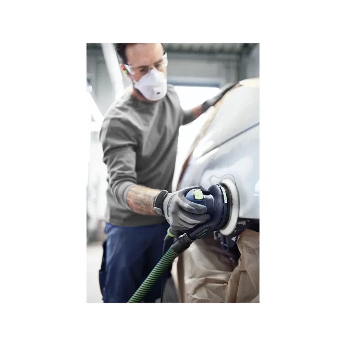Festool 492126 RO125 FEQ StickFix Sanding Pad, Supersoft, 125mm (5 inch) supporting dust-extracted sanding on an automotive repair panel