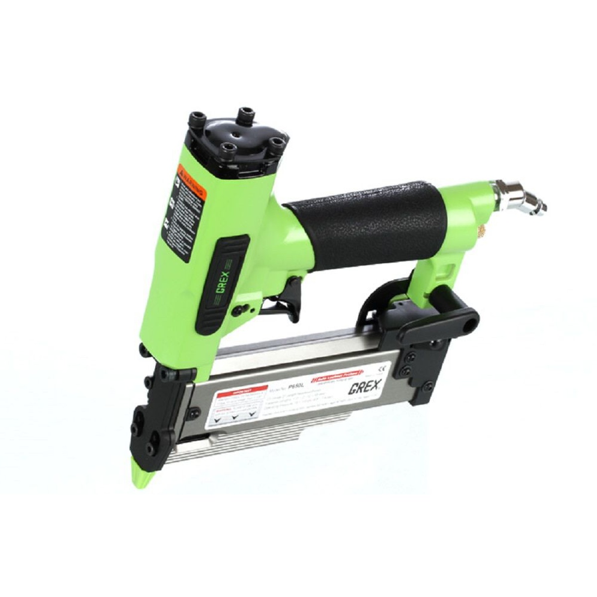 Grex P630 23 Gauge Pin Nailer - Max 1-3/16 inch detail view showing the side-loading magazine and headless pin strip for finish carpentry work