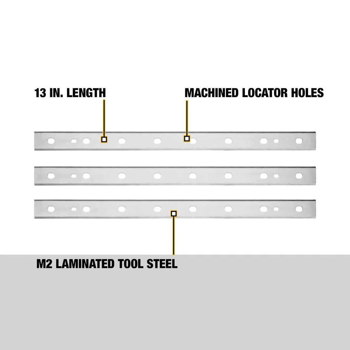 DEWALT DW7352 13 inch planer blade set showing 13 inch knife length and locator hole layout for thickness planer replacement on wood stock prep