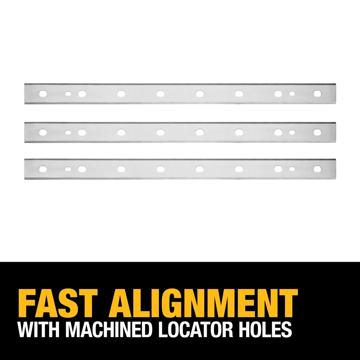 DEWALT DW7352 thickness planer knives with machined locator holes for fast cutter head alignment during planer blade replacement in a woodworking shop