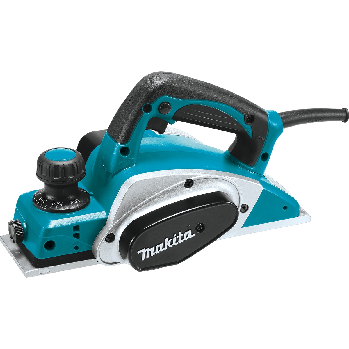 Makita KP0800K 3-1/4 in. Planer showing depth adjustment and front shoe for wood planing and door fitting work
