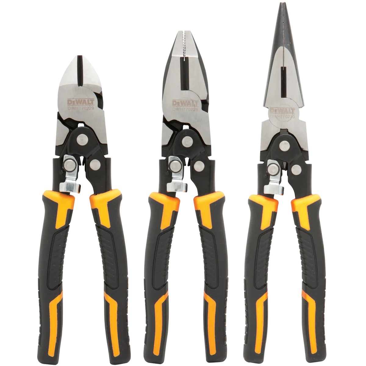 DEWALT DWHT70485 Compound Pliers 3 Pack front view with hardened cutting jaws and bi-material handles for jobsite use
