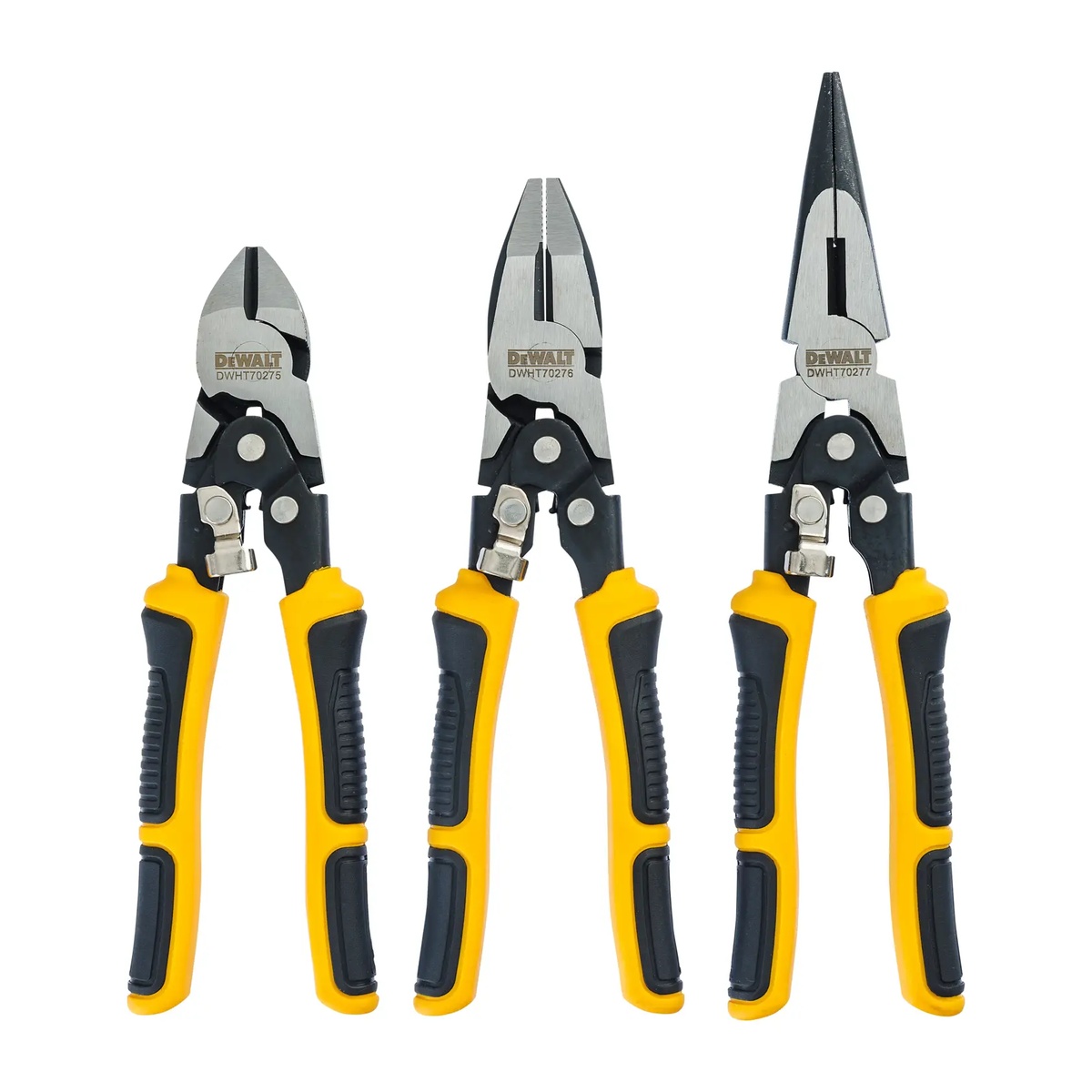 DEWALT DWHT70485 Compound Pliers 3 Pack with three pliers styles arranged for shop and jobsite hand tool work