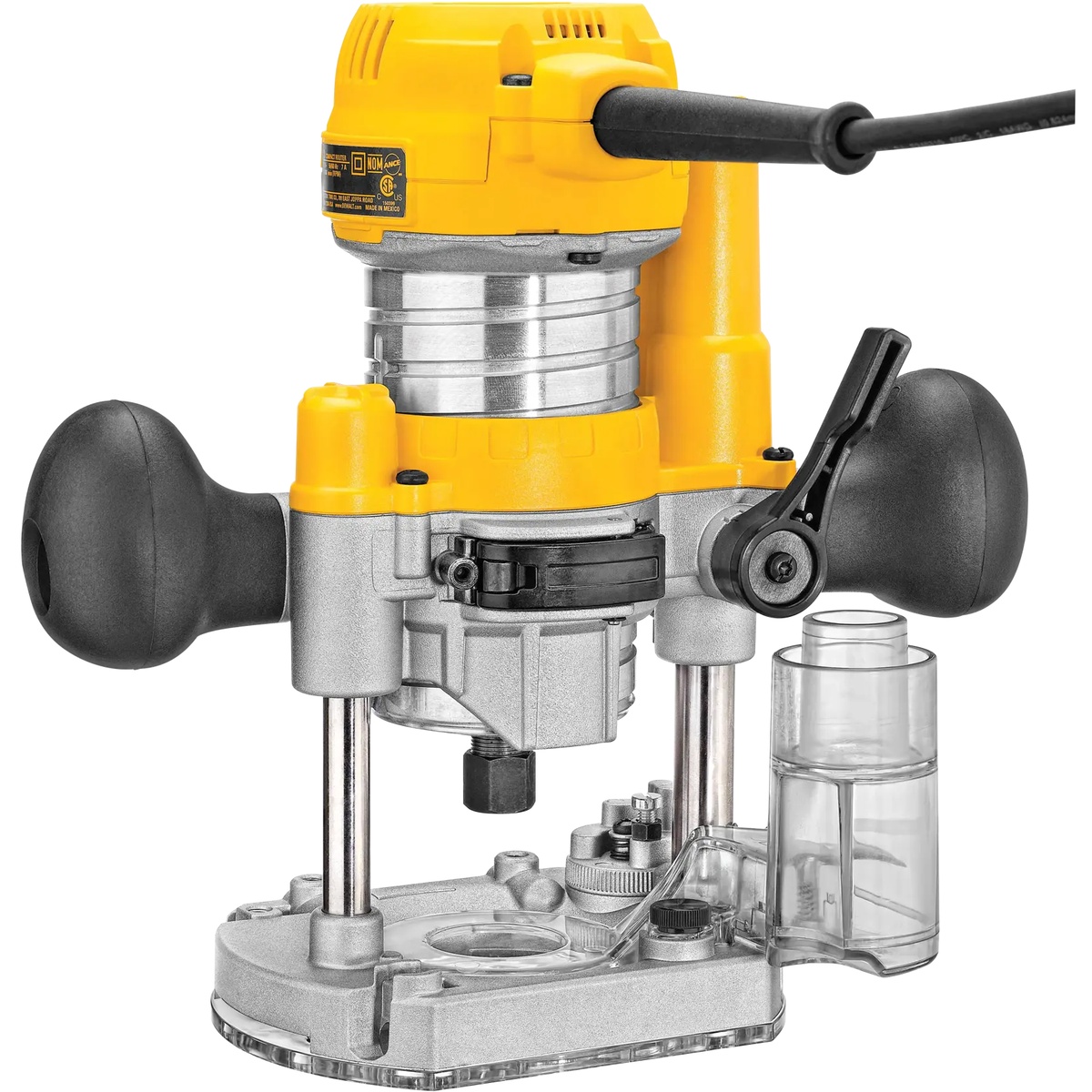 DEWALT DNP616 Compact Router Dust Collection Adapter For Plunge Base installed on a DEWALT compact plunge router for woodworking dust collection