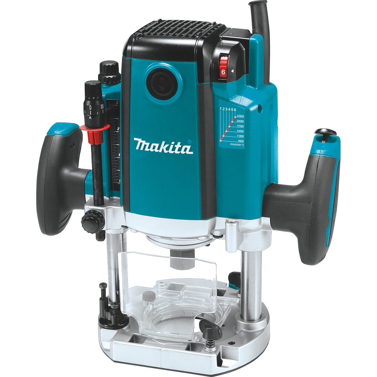 Makita RP2301FC 3-1/4 HP Plunge Router with Variable Speed showing plunge base, dual handles, and depth adjustment for precision woodworking in a shop setting