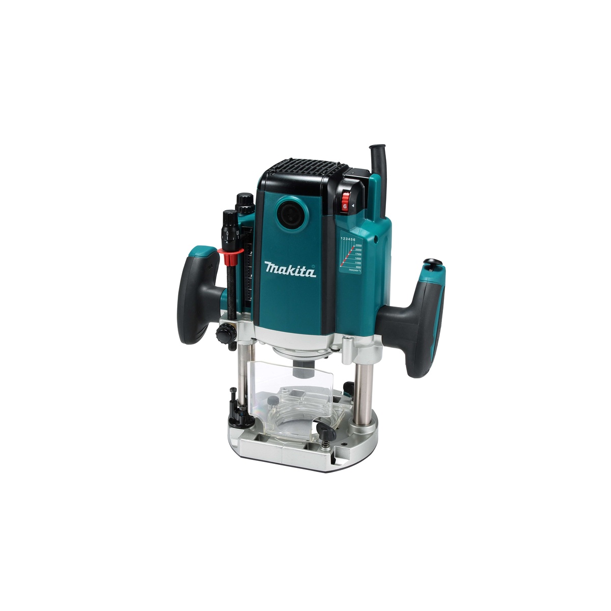 Makita RP2301FC plunge router full tool view with variable speed dial, ergonomic handles, and clear base for cabinet and finish routing applications