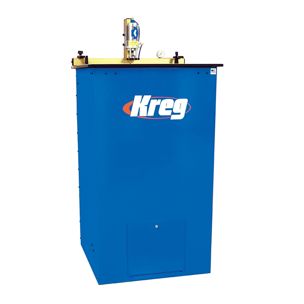 Kreg DK1100 FP Single-Spindle Pneumatic Pocket-Hole Machine at a fixed woodworking station for commercial pocket-hole drilling and repeat joinery production