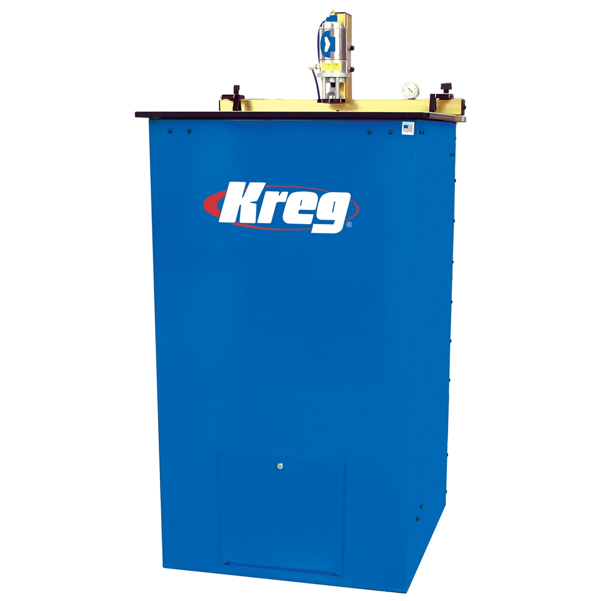 Kreg DK1100 FP Single-Spindle Pneumatic Pocket-Hole Machine with industrial shop layout for repeat stock positioning and chip removal during pocket-hole joinery