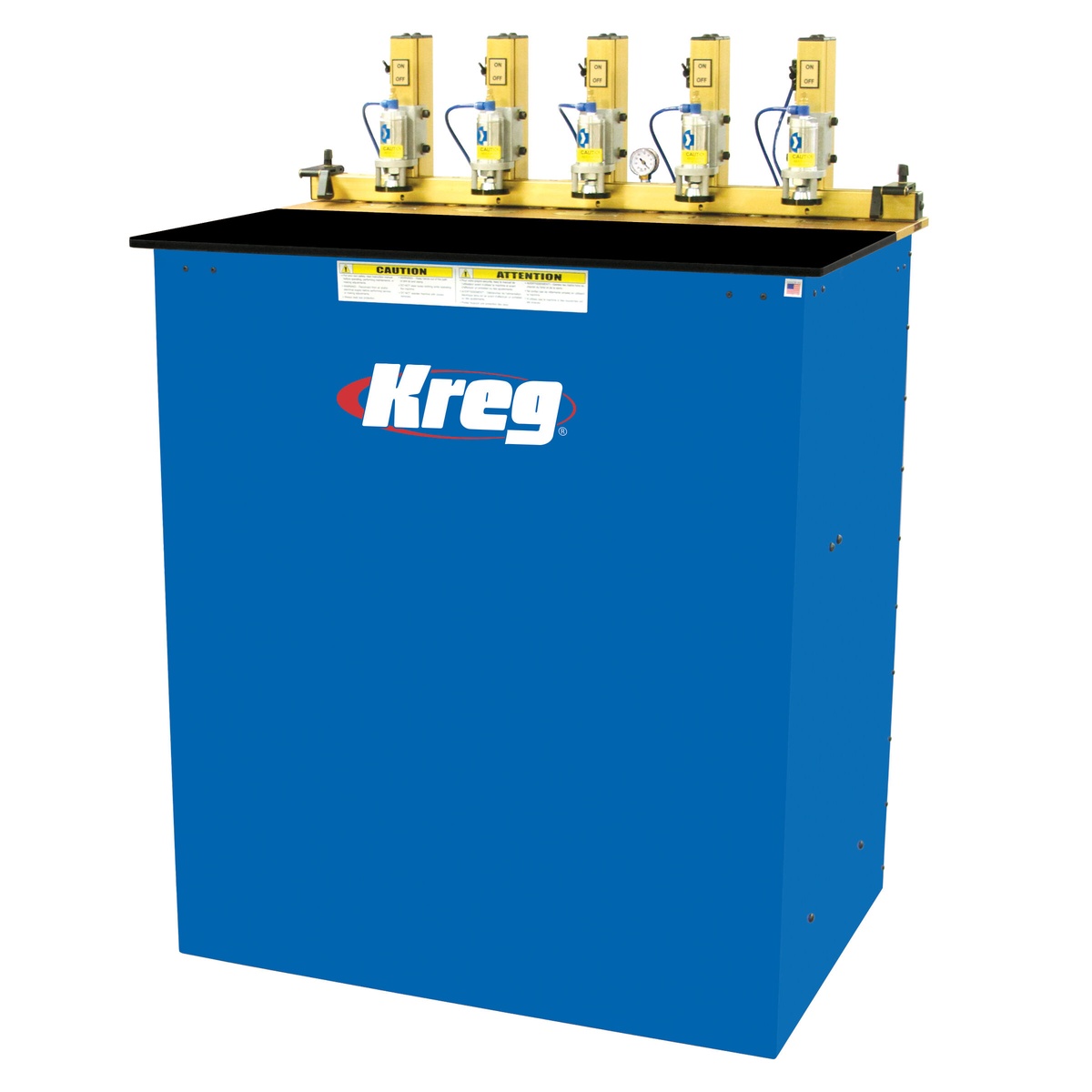 Kreg DK5100 Panel-Boring Pocket Hole-Machine with five spindle stations on a commercial woodworking machine for repetitive fastening prep
