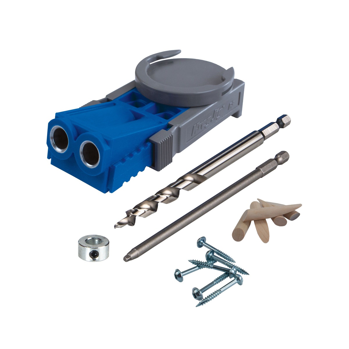 Kreg Jig R3 Pocket Hole System with drill bit, driver bit, depth collar, screws, and plugs for woodworking joinery on cabinets, shelves, and repair projects