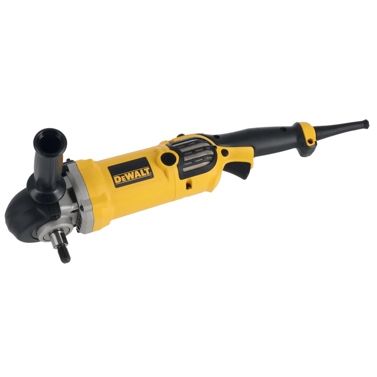 DeWALT DWP849X 7-in - 9-in Variable-Speed Polisher With Soft Start shown with side handle and spindle for polishing painted metal and automotive finish work in a shop setting