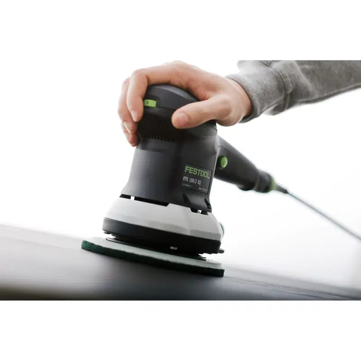 Festool 496508 Vlies, Green for 150 mm 6 inch Sanders, 10 Pack used on a Festool sander for oil finishing and surface preparation on a flat work surface in a shop setting