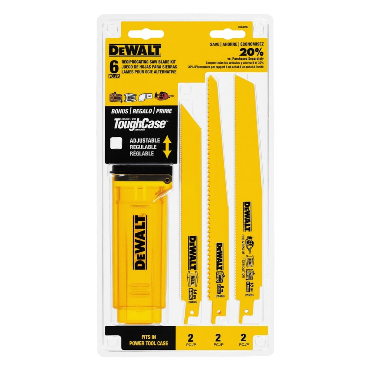 DEWALT Reciprocating Saw Blades, Bi-Metal, 6-Piece Set (DW4896) with ToughCase storage and assorted reciprocating saw blades for wood, metal, and demolition work in a jobsite tool kit