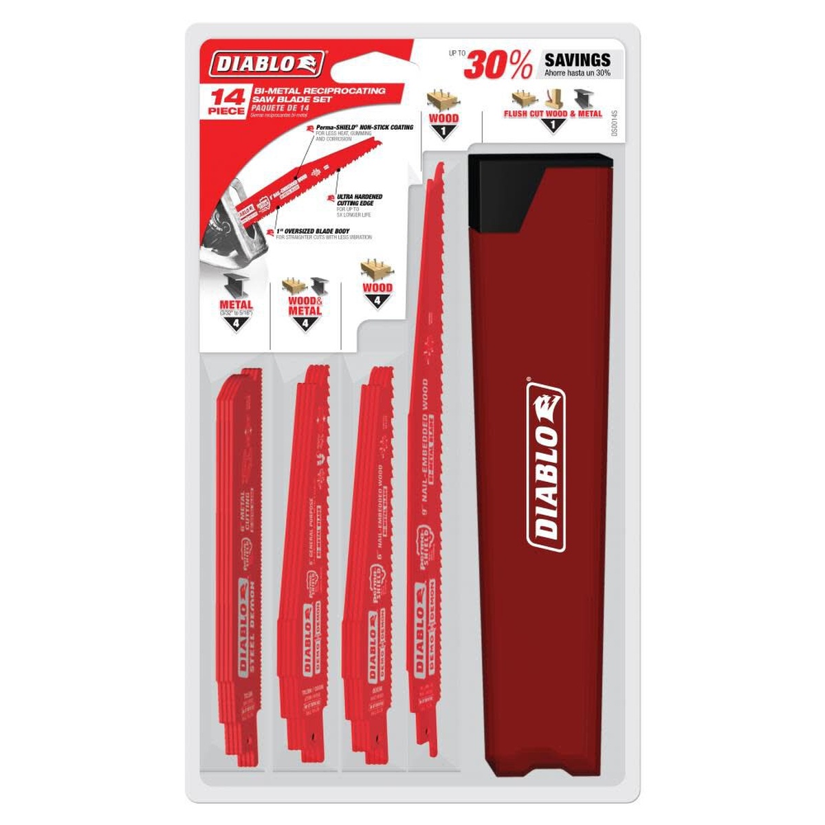 Diablo DS0014S 14-Piece Nail-Embedded Wood and Metal Demolition Reciprocating Saw Blade Set with assorted demolition blades and storage case for wood and metal cutting on the jobsite