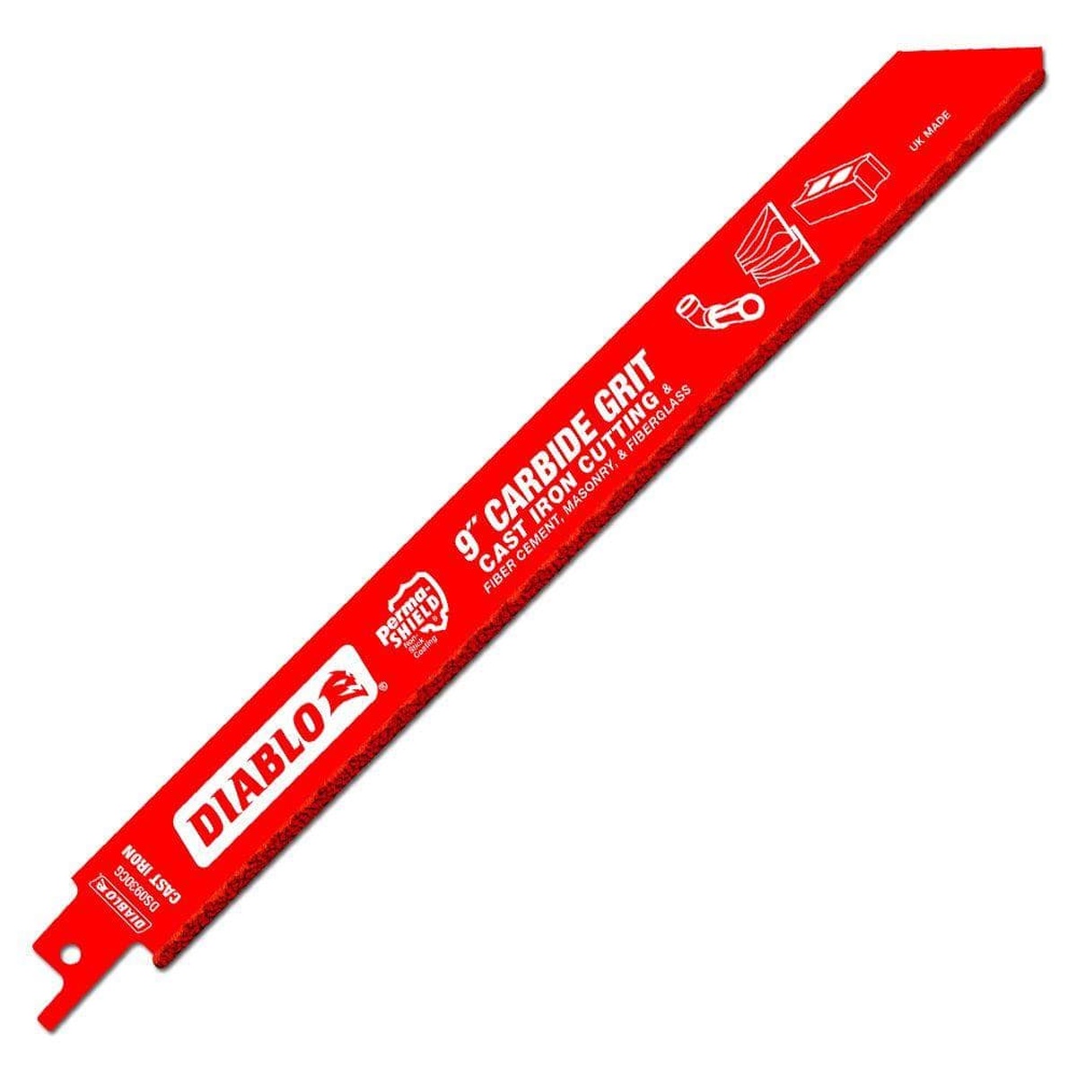 Diablo DS0930CGX 9 in. Carbide Grit Reciprocating Saw Blade for Cast Iron Cutting shown as a full blade for cast iron pipe, fiber cement, masonry, and fiberglass cutting with a reciprocating saw