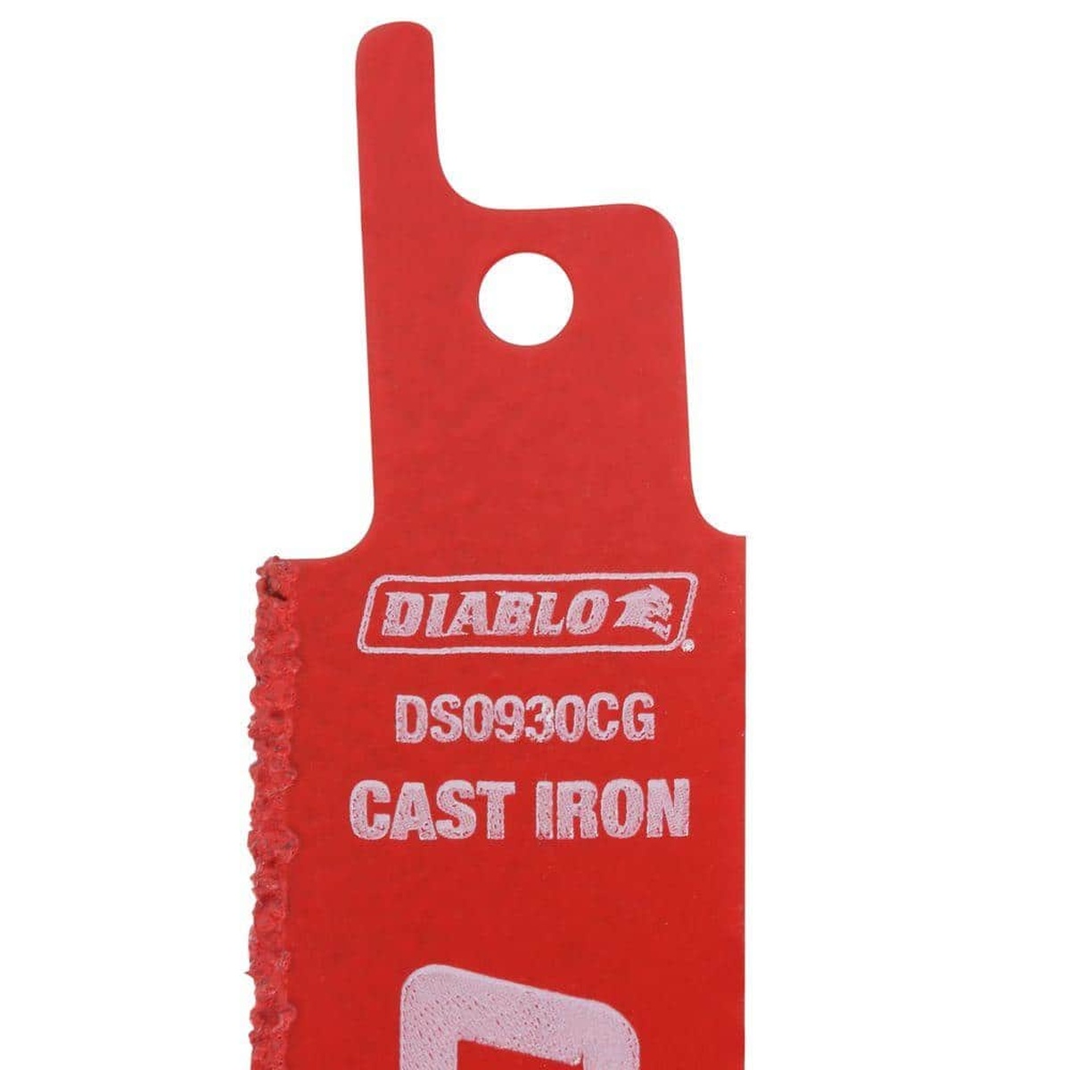 Diablo DS0930CGX 9 in. Carbide Grit Reciprocating Saw Blade for Cast Iron Cutting close-up showing carbide grit cutting edge used for abrasive demolition and pipe cutting work