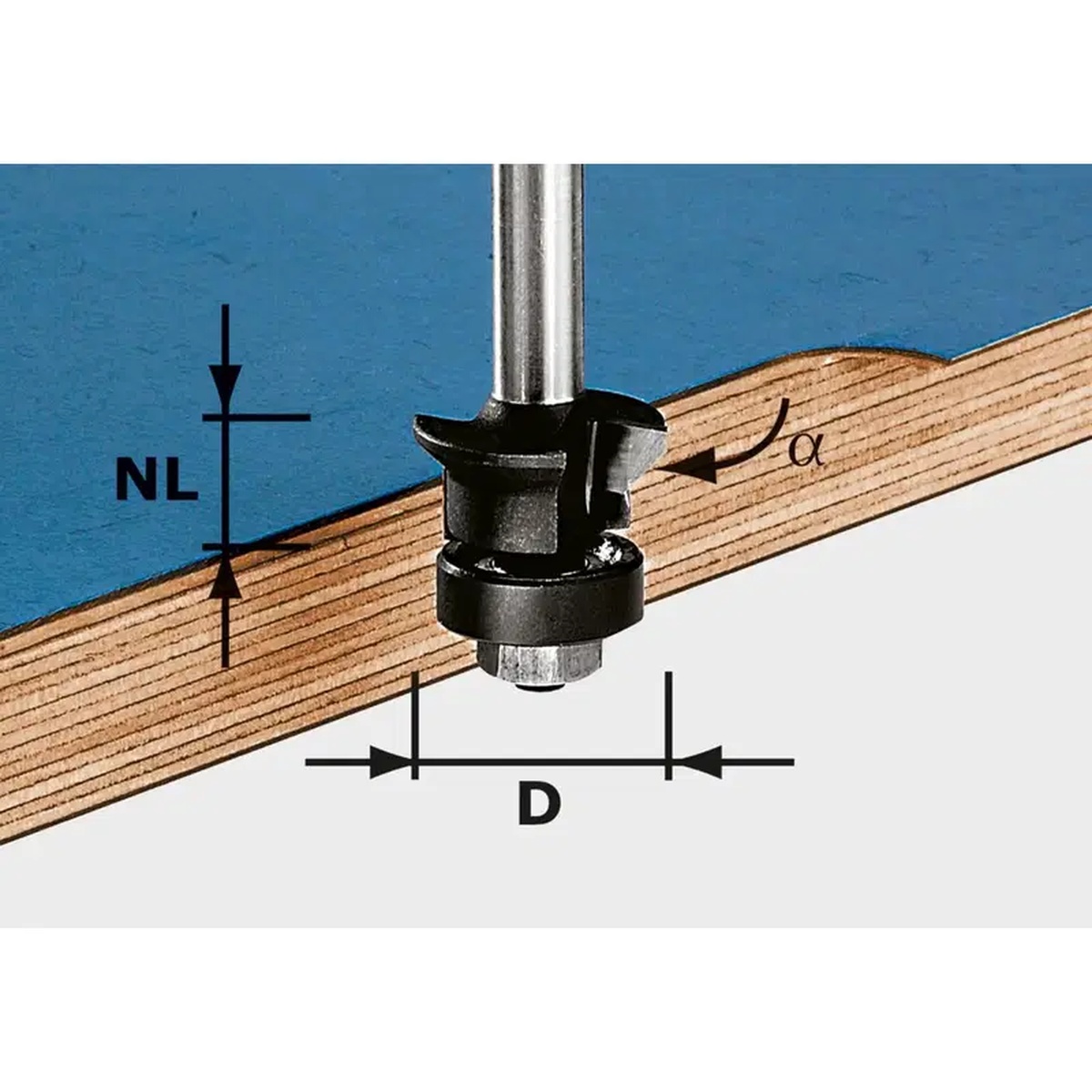 Festool 491026 Chamfer/edge trim Router Bit HW 24mm cutting a 45 degree chamfer on a plywood edge during woodworking edge trimming