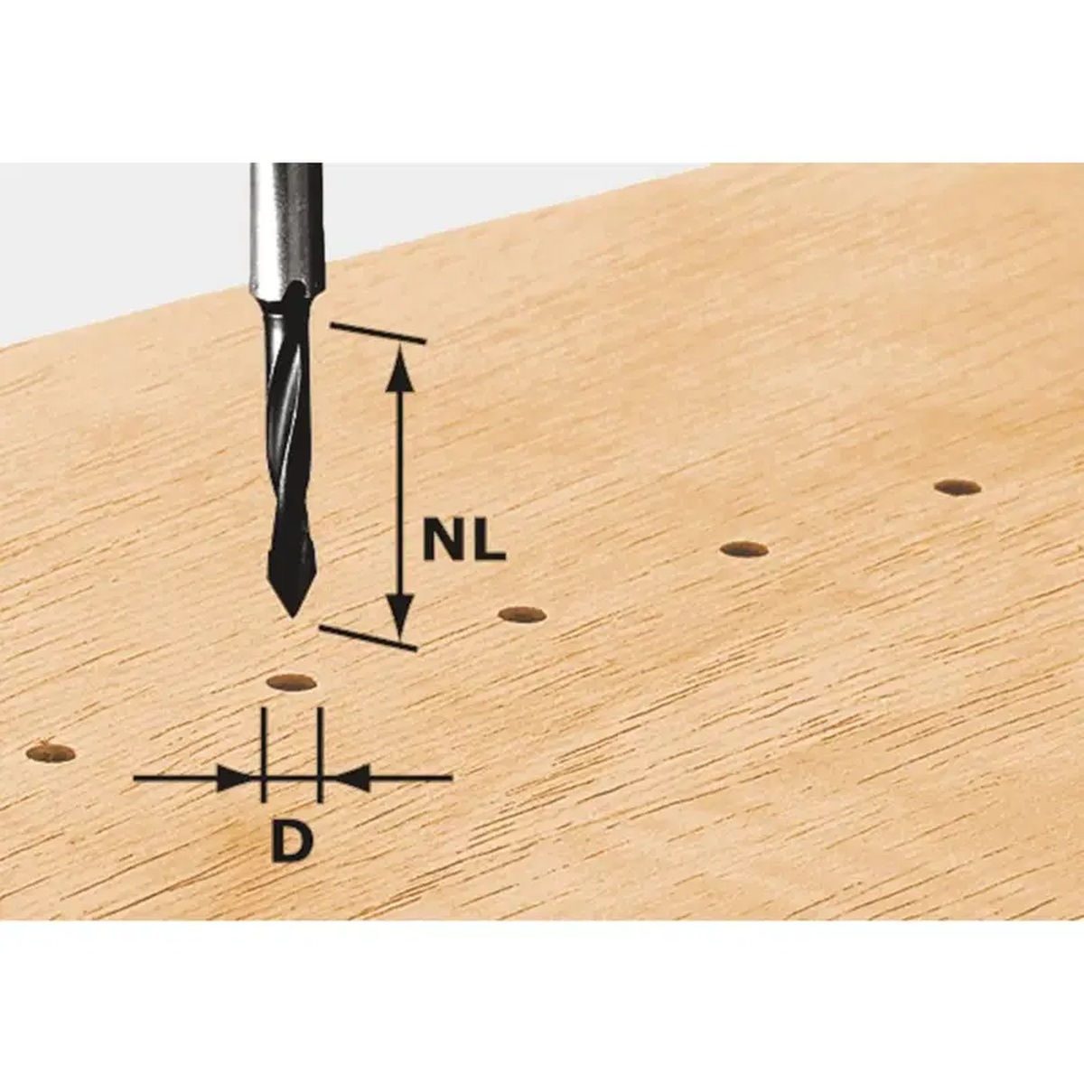 Festool 491064 Dowel Drill Router Bit, HW 5x30mm drilling precise dowel holes in a wood panel for cabinet and furniture joinery