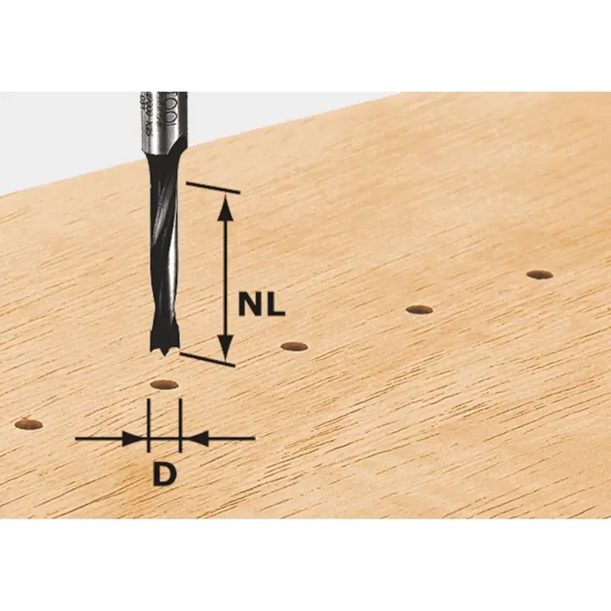 Festool 491065 Dowel Drill Router Bit, Hw 3X16mm creating small dowel holes in a wood panel for precise hole-series joinery work