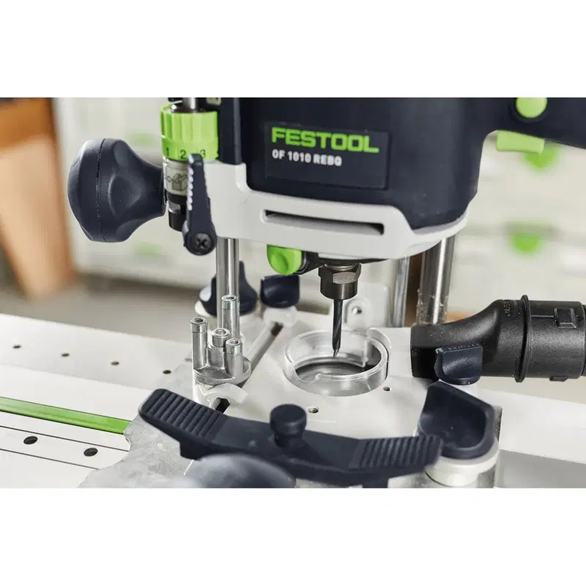 Festool 491066 Dowel Drill Router Bit, HW 5X30mm mounted in a Festool OF 1010 router for hole drilling and dowel joinery setup