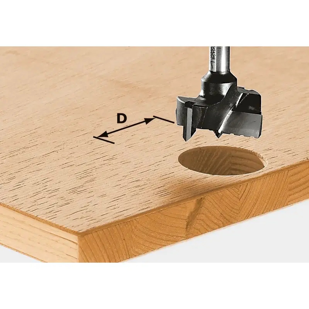 Festool 491077 Euro-hinge boring Router Bit HW 35mm boring a 35 mm hinge cup hole in a wood cabinet panel during cabinet hardware installation
