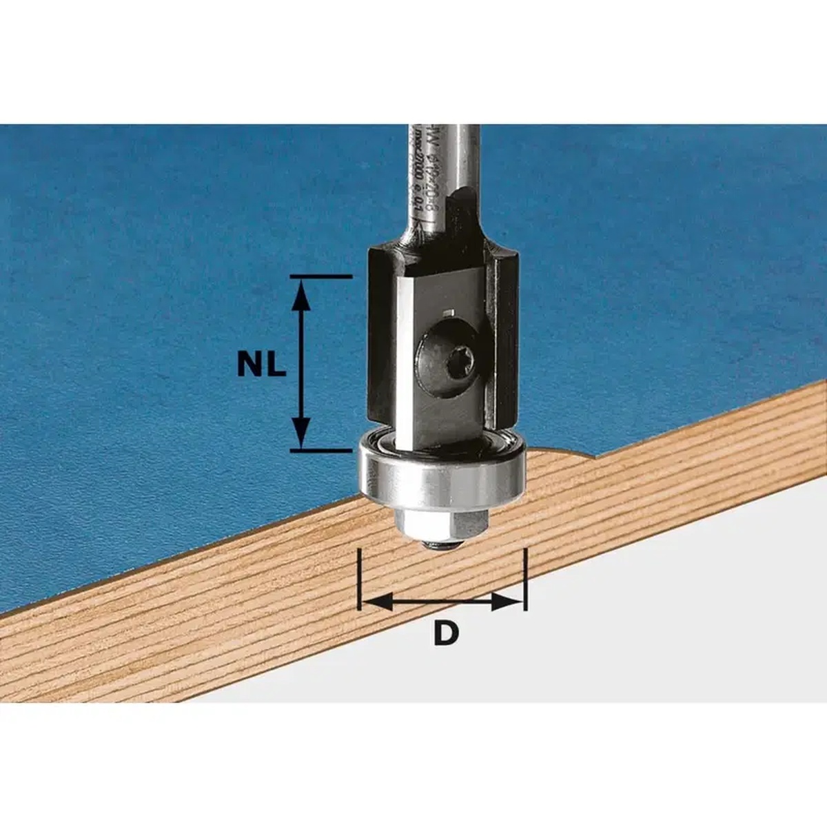 Festool 491082 Flush trim Router Bit HW 19/20mm trimming a wood panel edge with bearing-guided control during flush cutting work