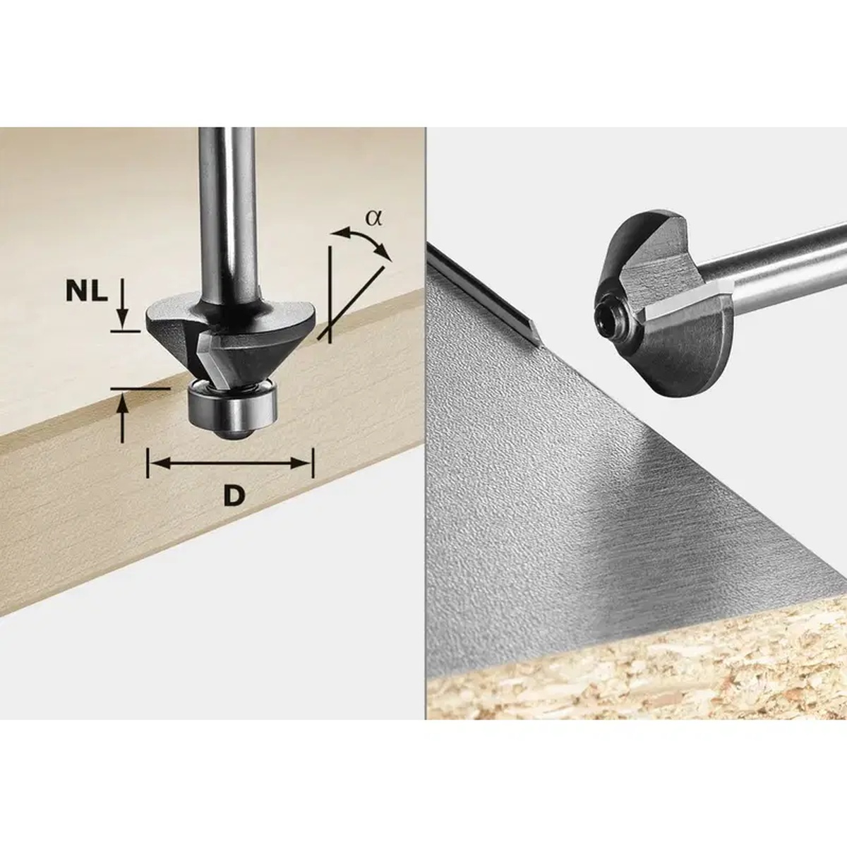 Festool 499800 Chamfer Router Bit cutting a 30 degree bevel on wood edge stock during finish routing and edge profiling work