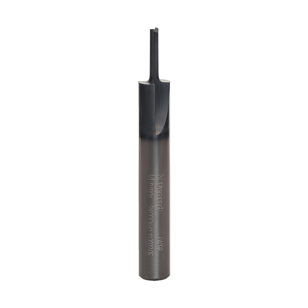 Freud 04-098 double flute straight router bit product view showing the 3/32 inch cutting diameter and 1/4 inch shank for fine groove routing in wood and sheet goods