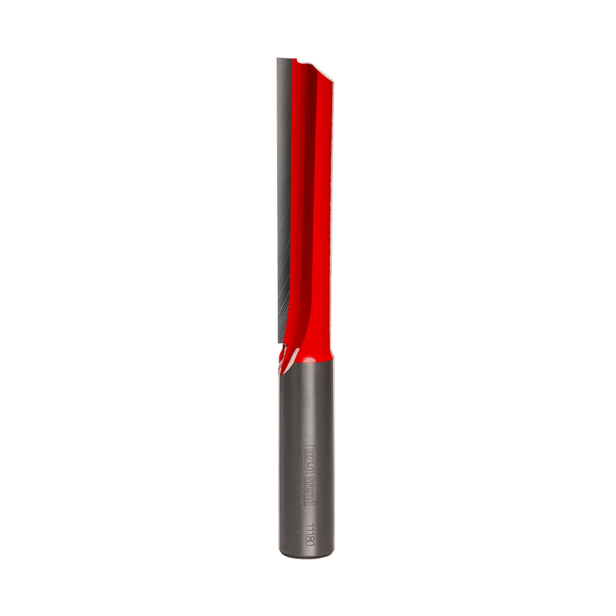 Freud 11-180 1/2-Inch Single Flute Straight Router Bit product view showing the long carbide cutting section and 1/2 inch shank for routing grooves and straight cuts in wood and composite panels