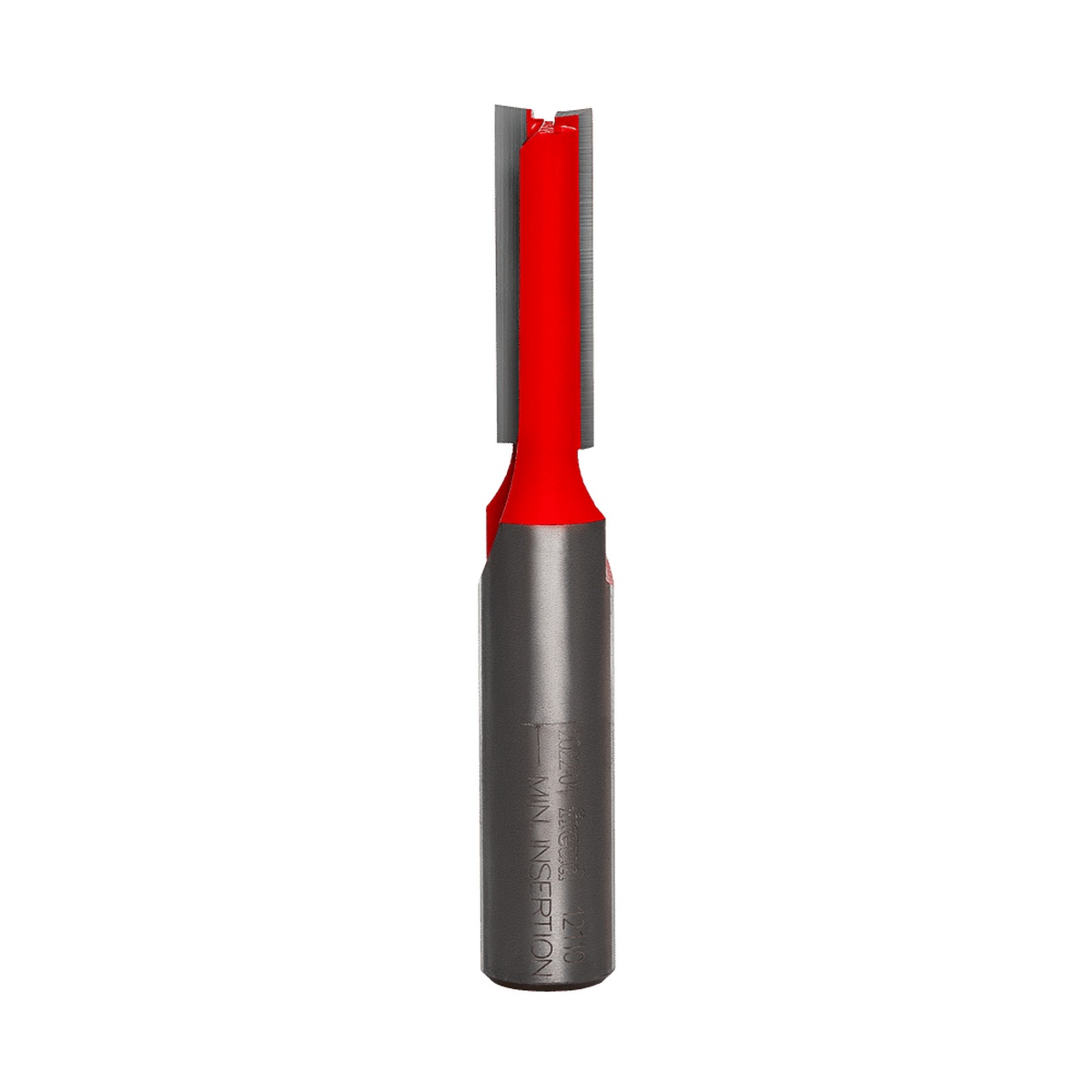 Freud 12-110 3/8-Inch Double Flute Straight Router Bit (Eclipse Grind) product view showing the straight cutting profile and 1/2 inch shank for woodworking and composite routing tasks