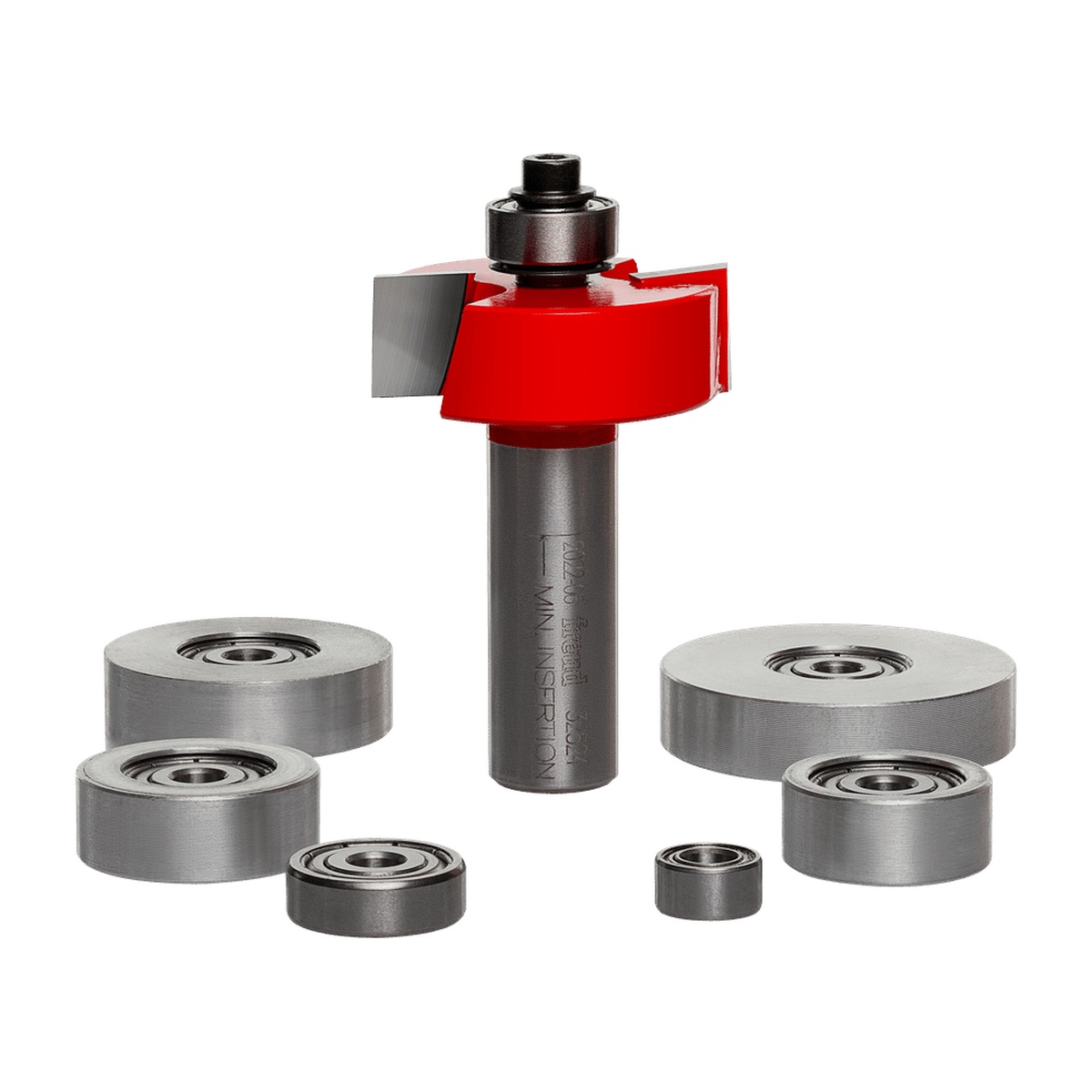 Freud Flush 1/8 In. 1/4 In. 5/16 In. 3/8 In. 7/16 In. 1/2 In. Depth Rabbeting Bit Set with Interchangeable Bearings with 1/2 In. Shank shown with multiple bearing options for routing cabinet rabbets and flush trim cuts in a woodworking shop