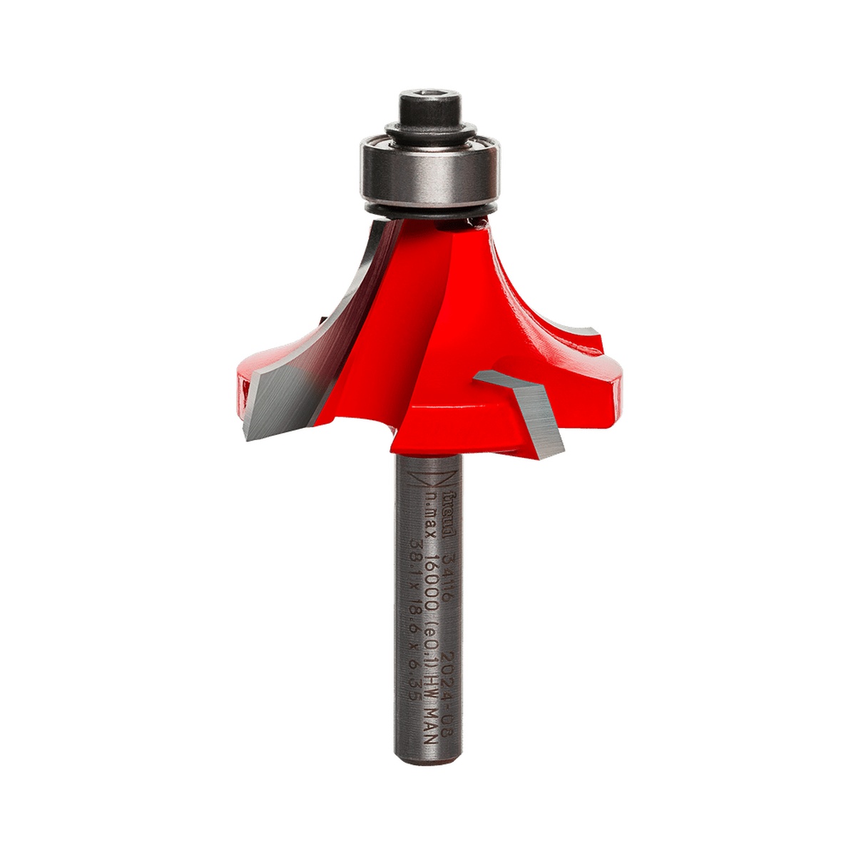 Freud 34-116 rounding over router bit with bearing and carbide cutting edges for routing smooth 1/2 inch radius profiles on furniture and millwork edges in a woodworking shop