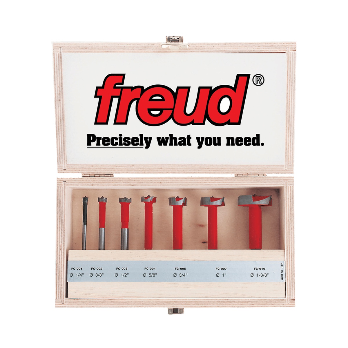 Freud FC-107 Forstner Bit Set in wood storage case with seven carbide Forstner bits arranged by size for woodworking and drill press boring tasks