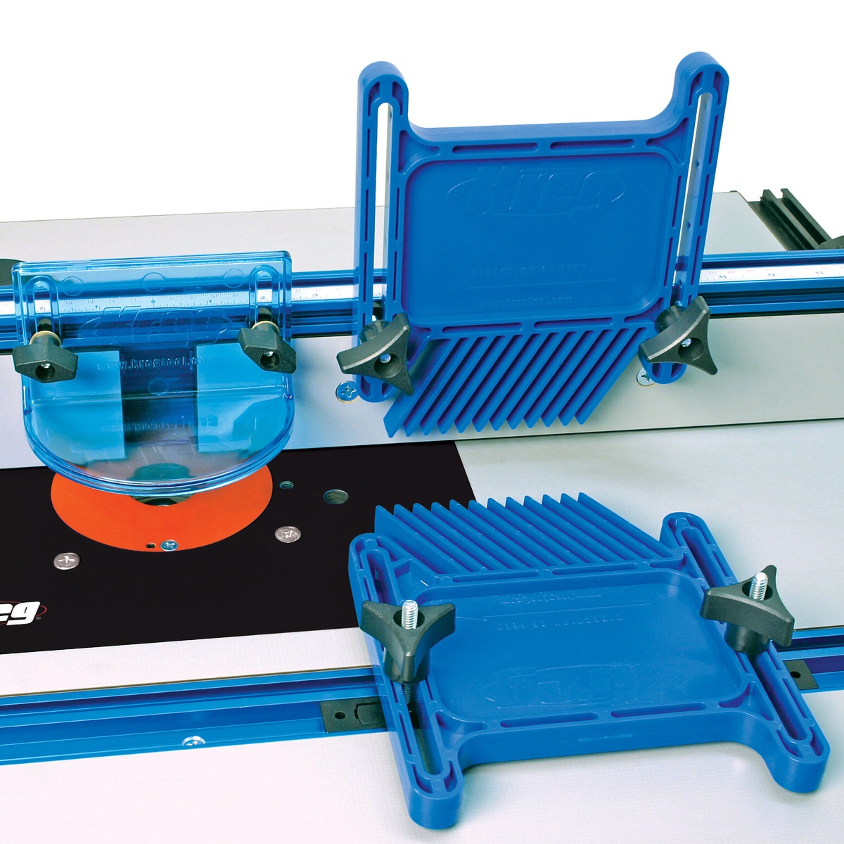 Kreg PRS3020 True-FLEX Featherboard - Twin Pack mounted on a router table and fence setup for controlled woodworking stock guidance