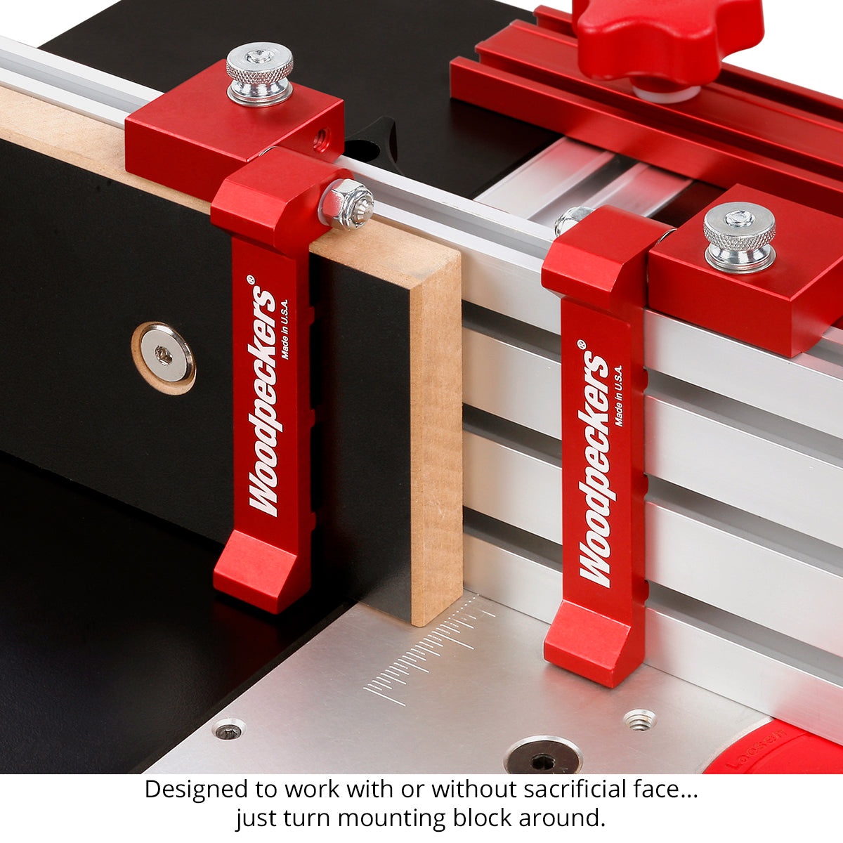 Woodpeckers STFSTOP Super Track Flip Stop mounted on an aluminum fence with a sacrificial face in a woodworking fence setup