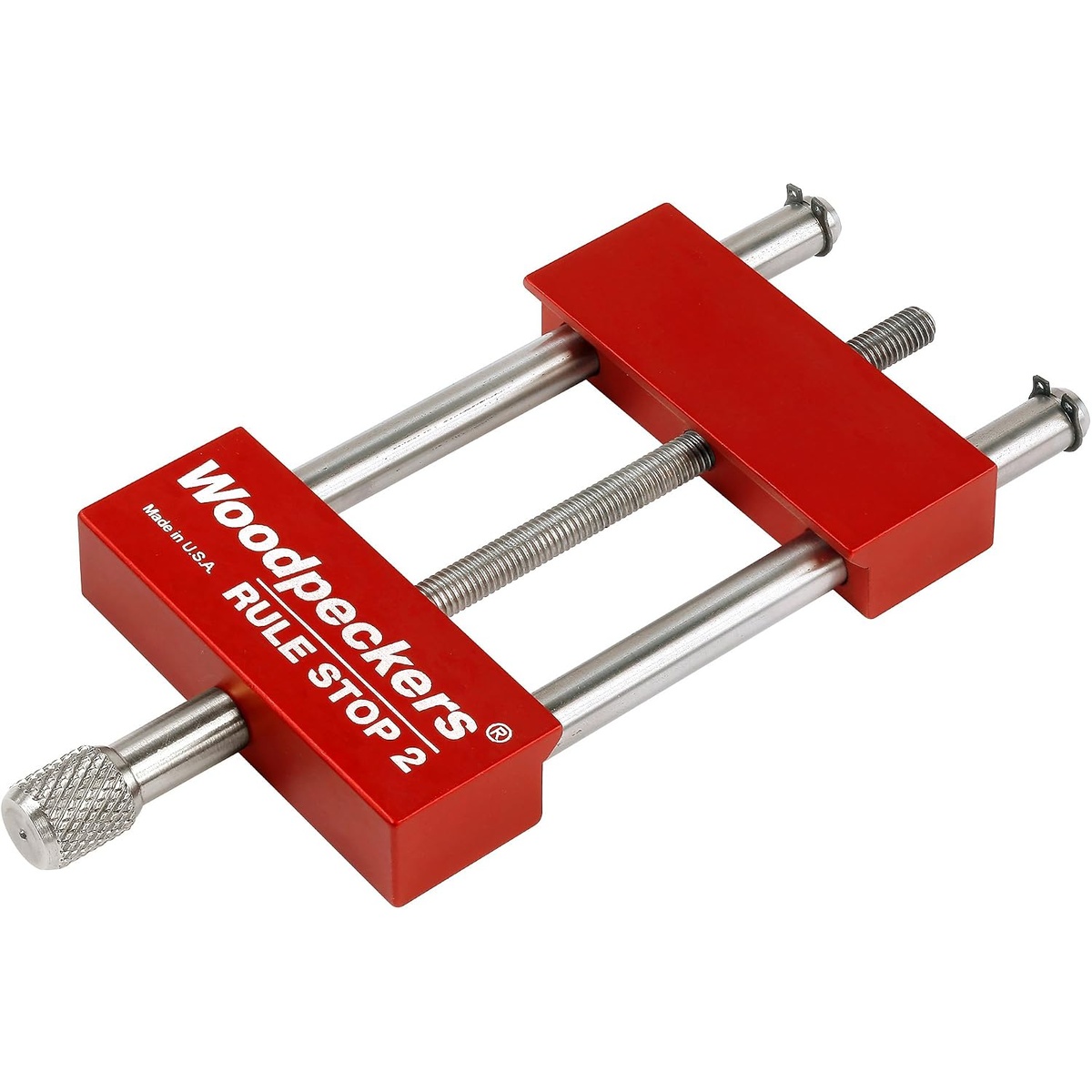 Woodpeckers RS-2 Rule Stop close-up showing machined aluminum body and stainless steel hardware on a clean background
